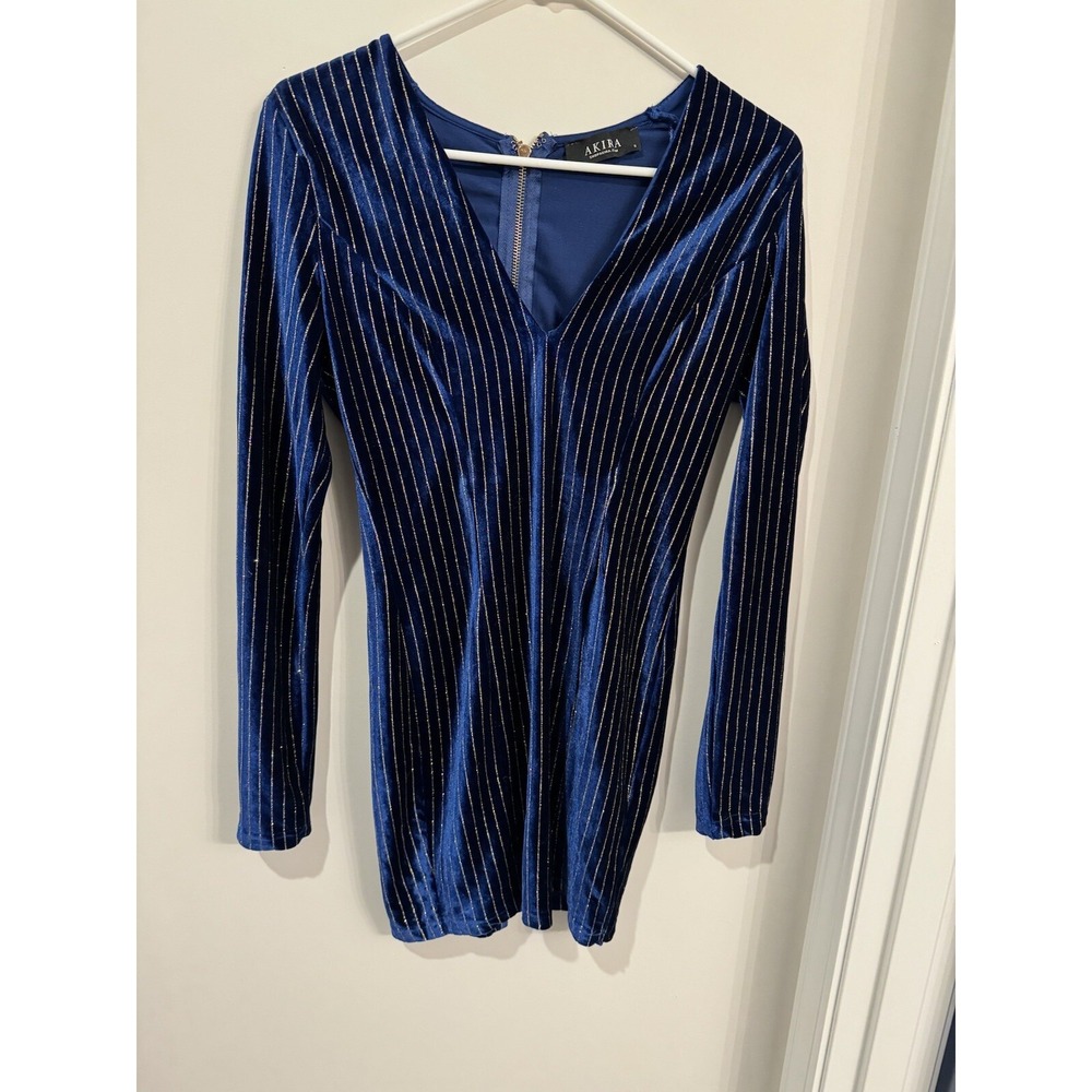 Akira‎ Blue Velour With Gold Stripes Long Sleeve Body Con Dress Size Small